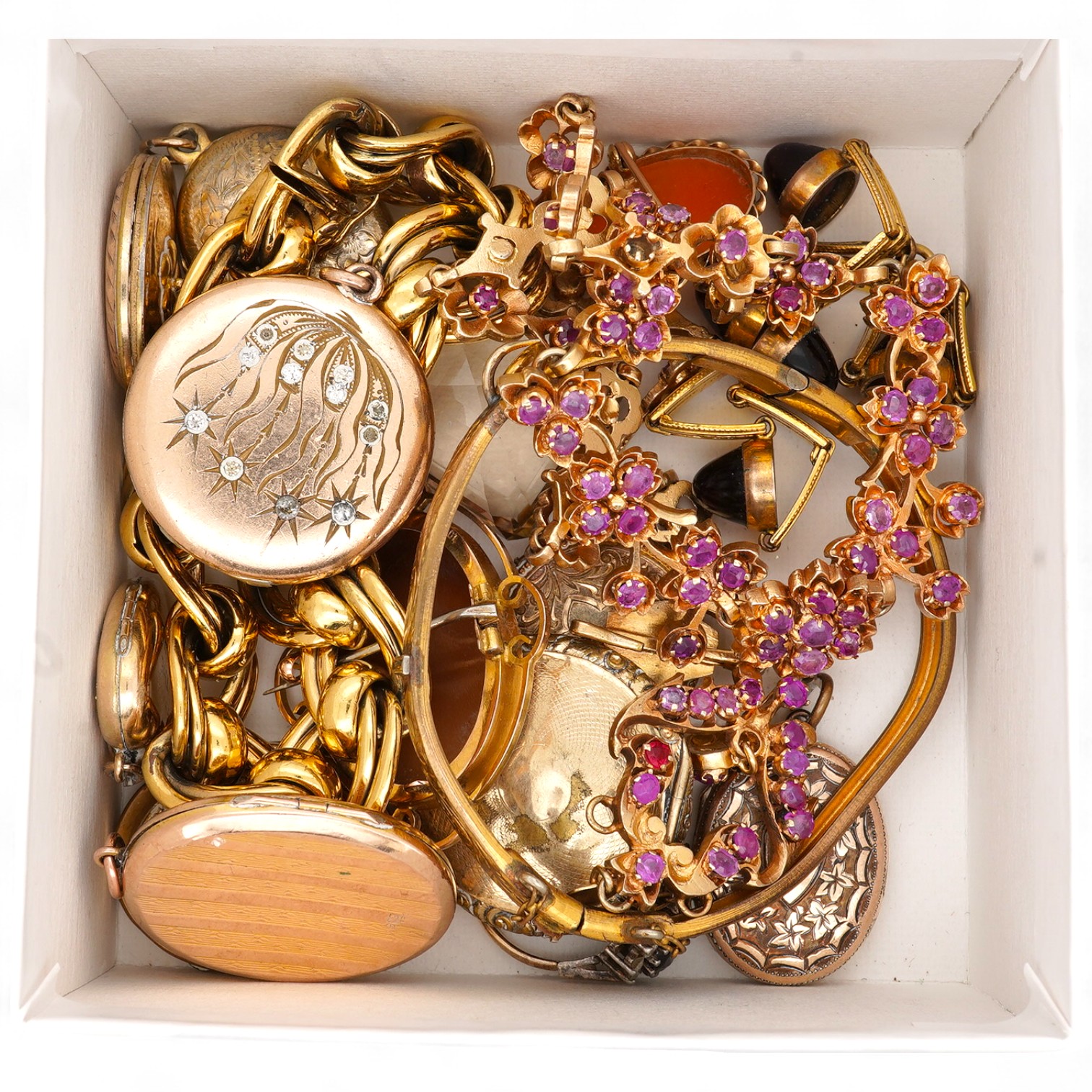 Mixed costume and other jewellery including 9ct back and front locket 9ct mounted cameo shell brooch, garnet paste bracelet etc.